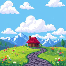 A vibrant 8-bit pixel art representation of a colorful landscape featuring a bright blue sky, fluffy white clouds, and a lush green meadow filled with flowers
