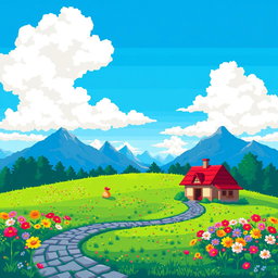 A vibrant 8-bit pixel art representation of a colorful landscape featuring a bright blue sky, fluffy white clouds, and a lush green meadow filled with flowers
