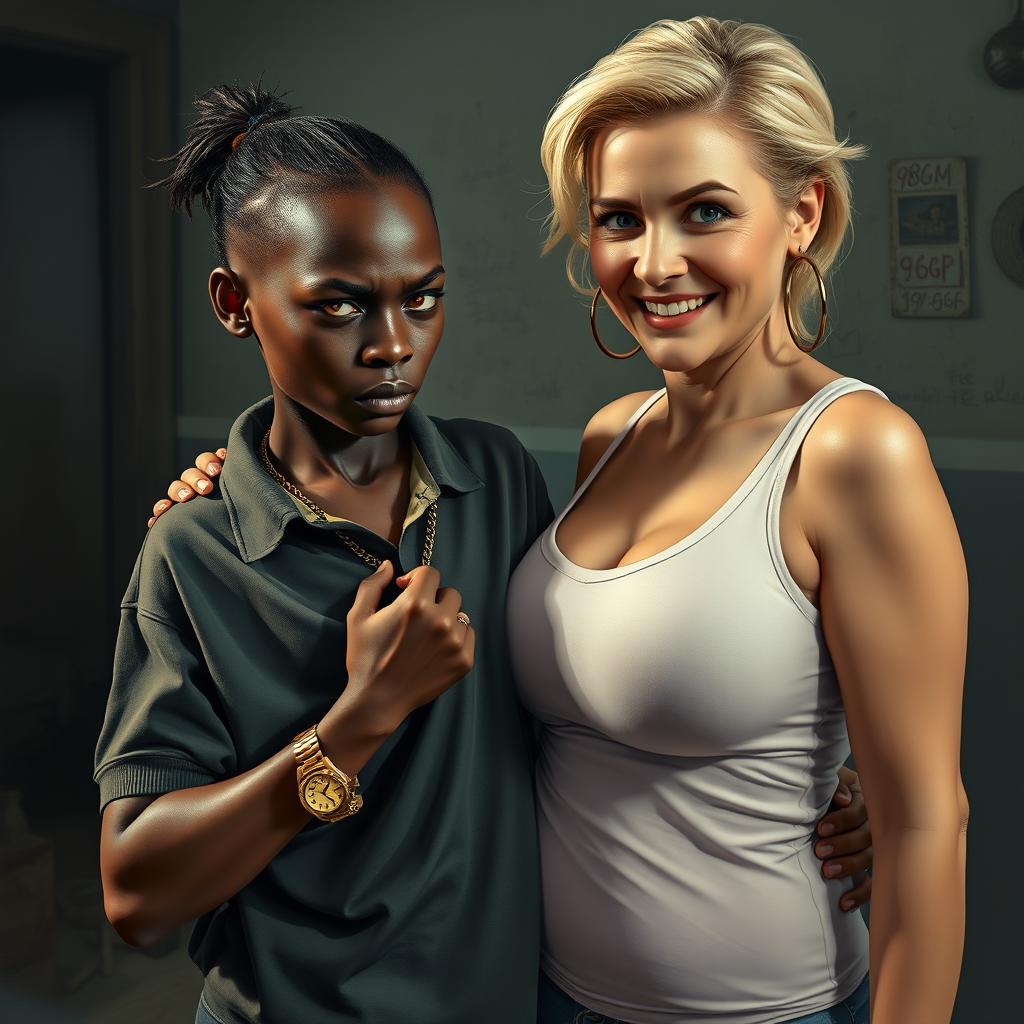 In a poor, dimly lit room, a compelling scene unfolds featuring a young African woman, 20 years old, who is very short and malnourished, with very dark skin and an angry expression