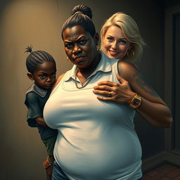 In a poor, dimly lit room, a compelling scene unfolds featuring a young African woman, 20 years old, who is very short and malnourished, with very dark skin and an angry expression