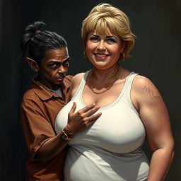 In a poor, dimly lit room, a compelling scene unfolds featuring a young African woman, 20 years old, who is very short and malnourished, with very dark skin and an angry expression