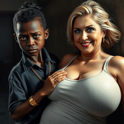 In a poor, dimly lit room, a captivating scene focuses on a young African woman, 20 years old, who is very short and malnourished, with very dark skin and an angry expression