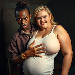 In a poor, dimly lit room, a vivid and intense scene is captured featuring a young African woman, 20 years old, very short and malnourished, with very dark skin and a furious expression