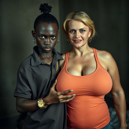 In a poor, dimly lit room, a striking scene depicts a young African woman, 20 years old, very short and malnourished, with very dark skin and an angry expression