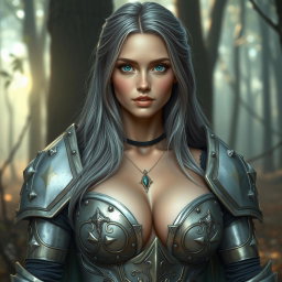A beautiful, very busty European cleric girl with bright turquoise eyes and long ash grey hair