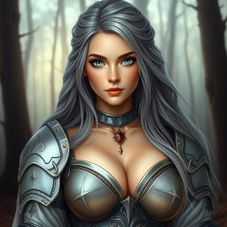 A beautiful, very busty European cleric girl with bright turquoise eyes and long ash grey hair