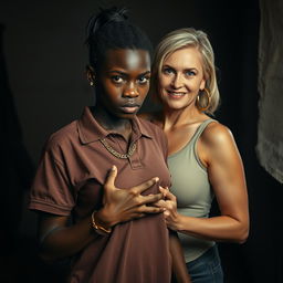 In a dimly lit, impoverished room, the focus is on a young African woman, 20 years old, characterized as very short and malnourished, with deeply dark skin and an angry expression