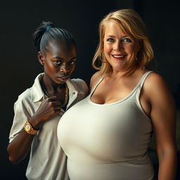 In a dimly lit, impoverished room, the focus is on a young African woman, 20 years old, characterized as very short and malnourished, with deeply dark skin and an angry expression