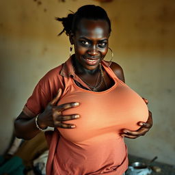 In a poverty-stricken room, a young African woman, short and thin, around 20 years old, with deep black skin, an angry expression, wearing a loose gangster-style men's polo shirt, a gold chain, and a gold watch