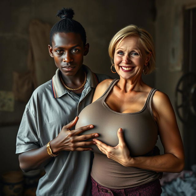 In a poverty-stricken room, a young African woman, short and thin, around 20 years old, with deep black skin, an angry expression, wearing a loose gangster-style men's polo shirt, a gold chain, and a gold watch