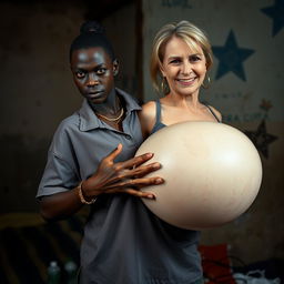 In a poverty-stricken room, a young African woman, short and thin, around 20 years old, with deep black skin, an angry expression, wearing a loose gangster-style men's polo shirt, a gold chain, and a gold watch