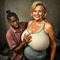 In a poverty-stricken room, a young African woman, very short and thin, around 20 years old, with deep black skin and an angry, fierce expression, is wearing a loose gangster-style men's polo shirt, a gold chain, and a gold watch