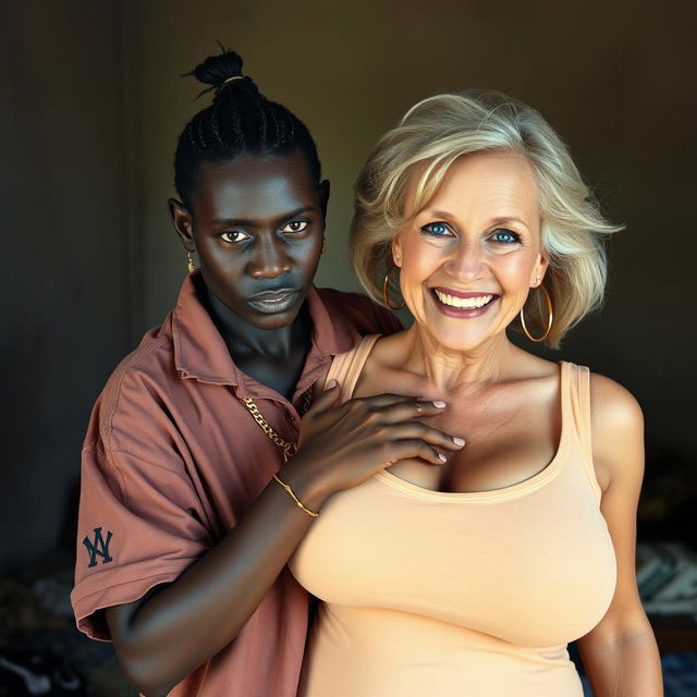 In a poverty-stricken room, a young African woman, very short and thin, around 20 years old, with deep black skin and an angry, fierce expression, is wearing a loose gangster-style men's polo shirt, a gold chain, and a gold watch