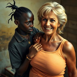 In a poverty-stricken room, a young African woman, very short and thin, around 20 years old, with deep black skin and an angry expression, wearing a loose gangster-style men's polo shirt, a gold chain, and a gold watch