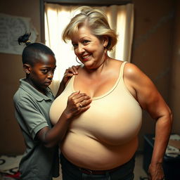 In a poverty-stricken room, a young African woman, very short and thin, around 20 years old, with deep black skin and an angry expression, wearing a loose gangster-style men's polo shirt, a gold chain, and a gold watch