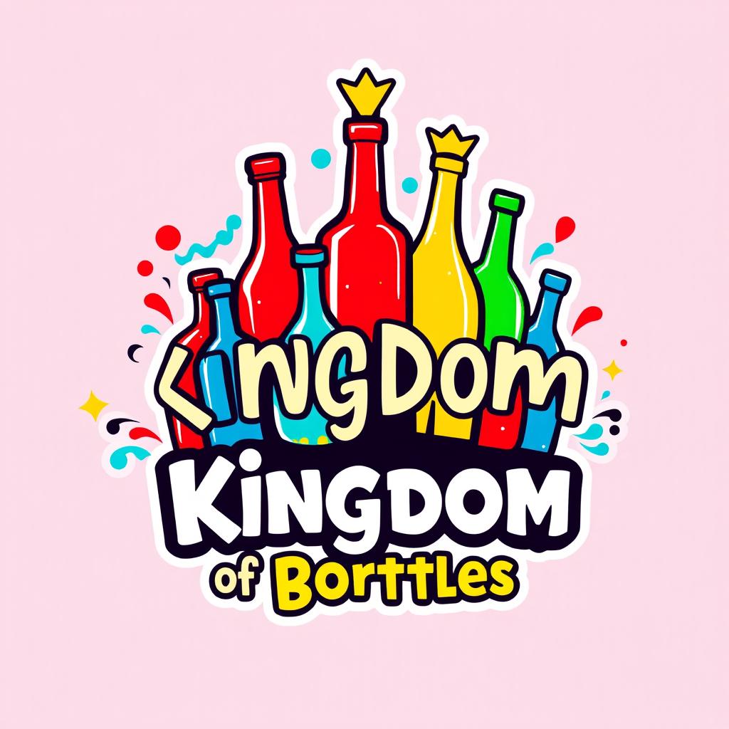 A vibrant logo design for "Kingdom of Bottles", featuring an artistic arrangement of colorful bottles in various shapes and sizes