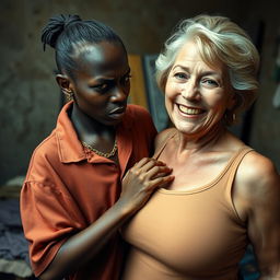 In a poverty-stricken room, a young African woman, very short and thin, around 20 years old, with deep black skin and an angry expression, is dressed in a loose-fitting gangster-style men's polo shirt, adorned with a gold chain and a gold watch