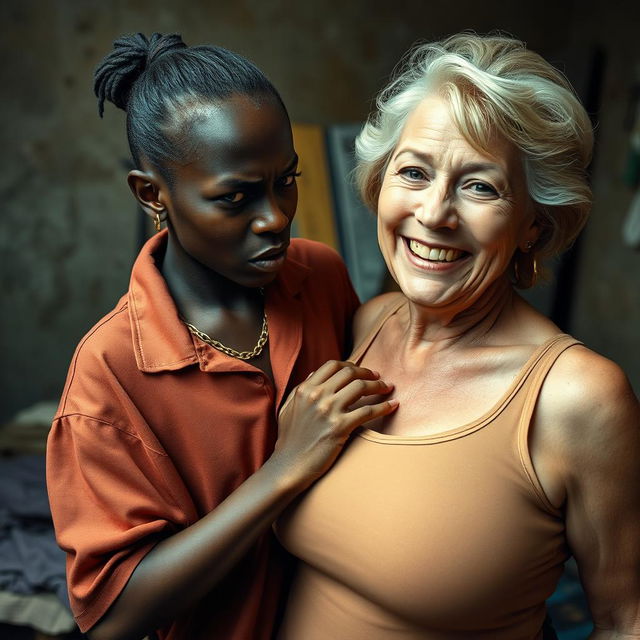 In a poverty-stricken room, a young African woman, very short and thin, around 20 years old, with deep black skin and an angry expression, is dressed in a loose-fitting gangster-style men's polo shirt, adorned with a gold chain and a gold watch