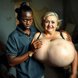 In a poverty-stricken room, a young African woman, very short and thin, around 20 years old, with deep black skin and an angry expression, is dressed in a loose-fitting gangster-style men's polo shirt, adorned with a gold chain and a gold watch