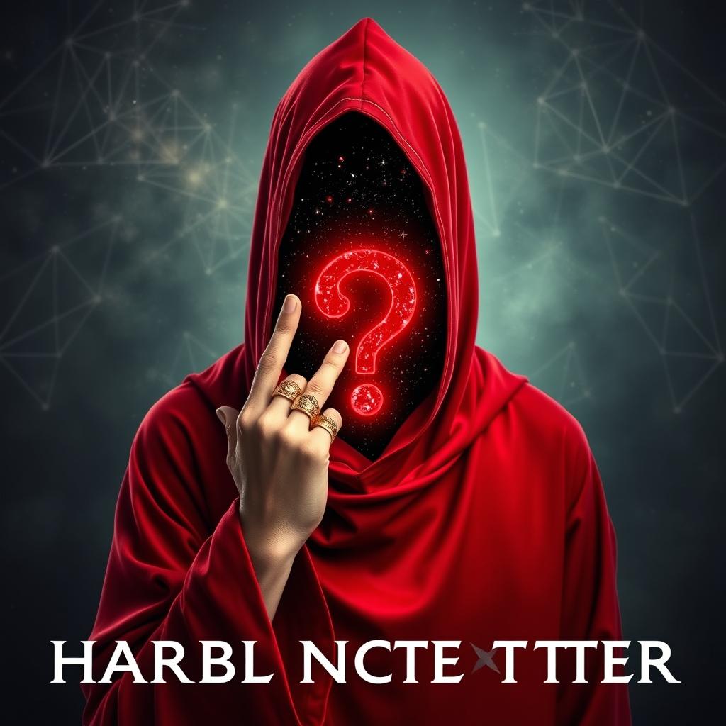 A mysterious hooded figure wearing a deep red cloak, the face obscured by a cosmic galaxy effect filled with stars