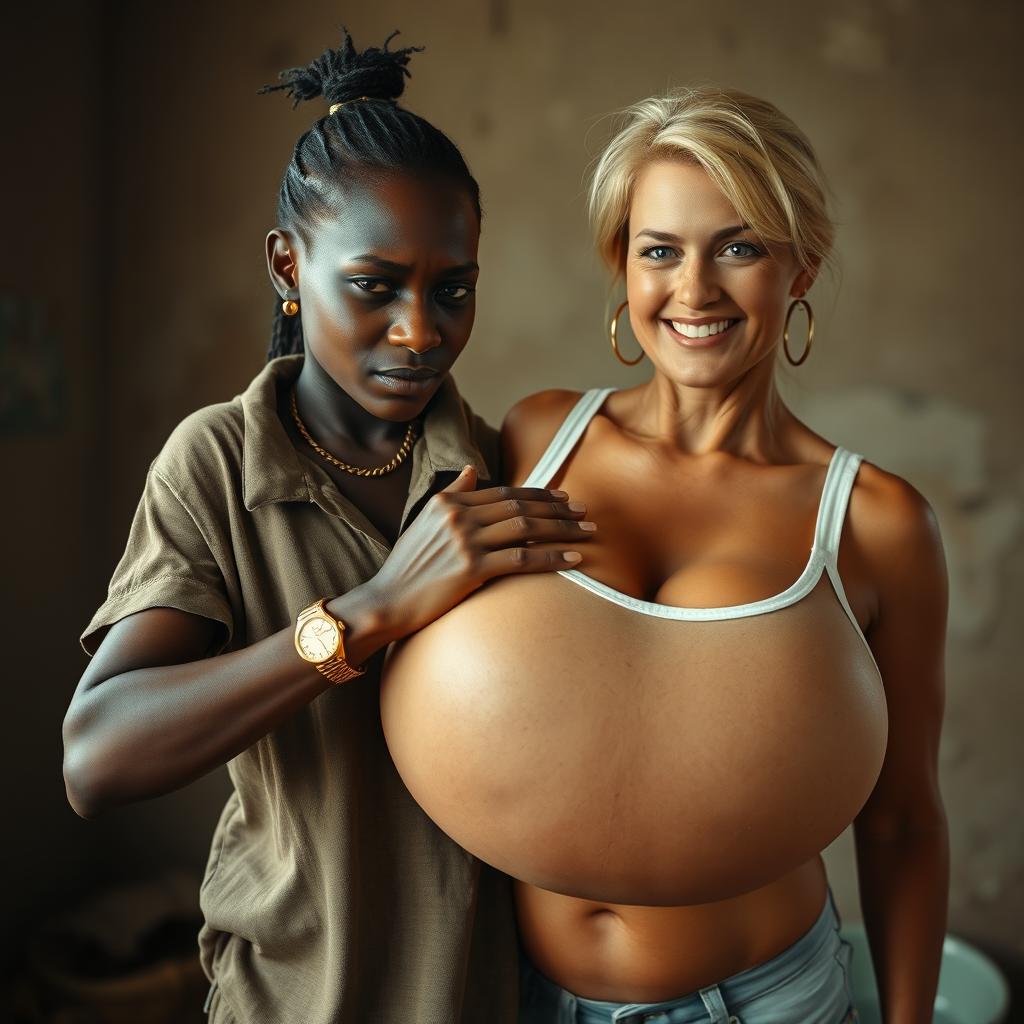 In a poverty-stricken room, a young African woman, very short, thin, and around 20 years old, with deep black skin and an angry expression, is dressed in a loose gangster-style men's polo shirt, adorned with a gold chain and a gold watch