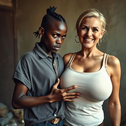 In a poverty-stricken room, a young African woman, very short, thin, and around 20 years old, with deep black skin and an angry expression, is dressed in a loose gangster-style men's polo shirt, adorned with a gold chain and a gold watch