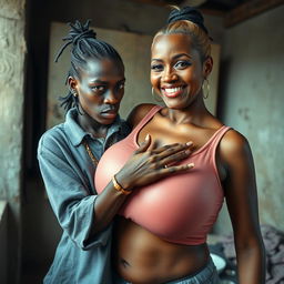 In a poverty-stricken room, a young African woman, very short, thin, and around 20 years old, with deeply black skin and an angry expression, is dressed in a loose gangster-style men's polo shirt, adorned with a gold chain and a gold watch