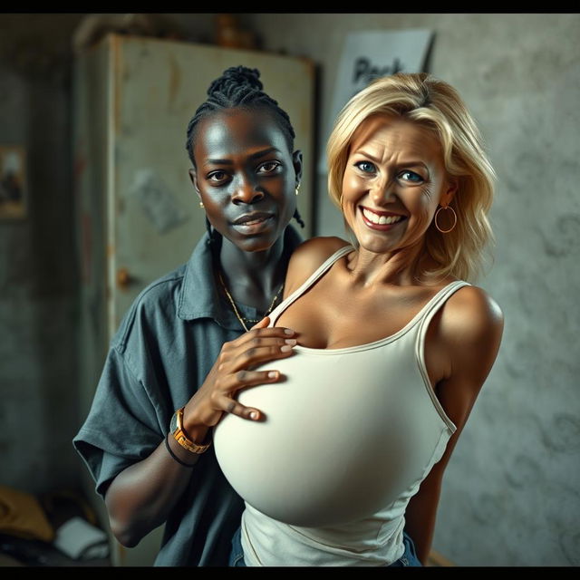 In a poverty-stricken room, a young African woman, very short, thin, and around 20 years old, with deeply black skin and an angry expression, is dressed in a loose gangster-style men's polo shirt, adorned with a gold chain and a gold watch