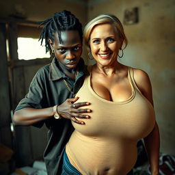 In a poverty-stricken room, a young African woman, very short, thin, and around 20 years old, with deeply black skin and an angry expression, is dressed in a loose gangster-style men's polo shirt, adorned with a gold chain and a gold watch