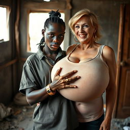 In a poverty-stricken room, a young African woman, very short, thin, and around 20 years old, with deeply black skin and an angry expression, is dressed in a loose gangster-style men's polo shirt, adorned with a gold chain and a gold watch