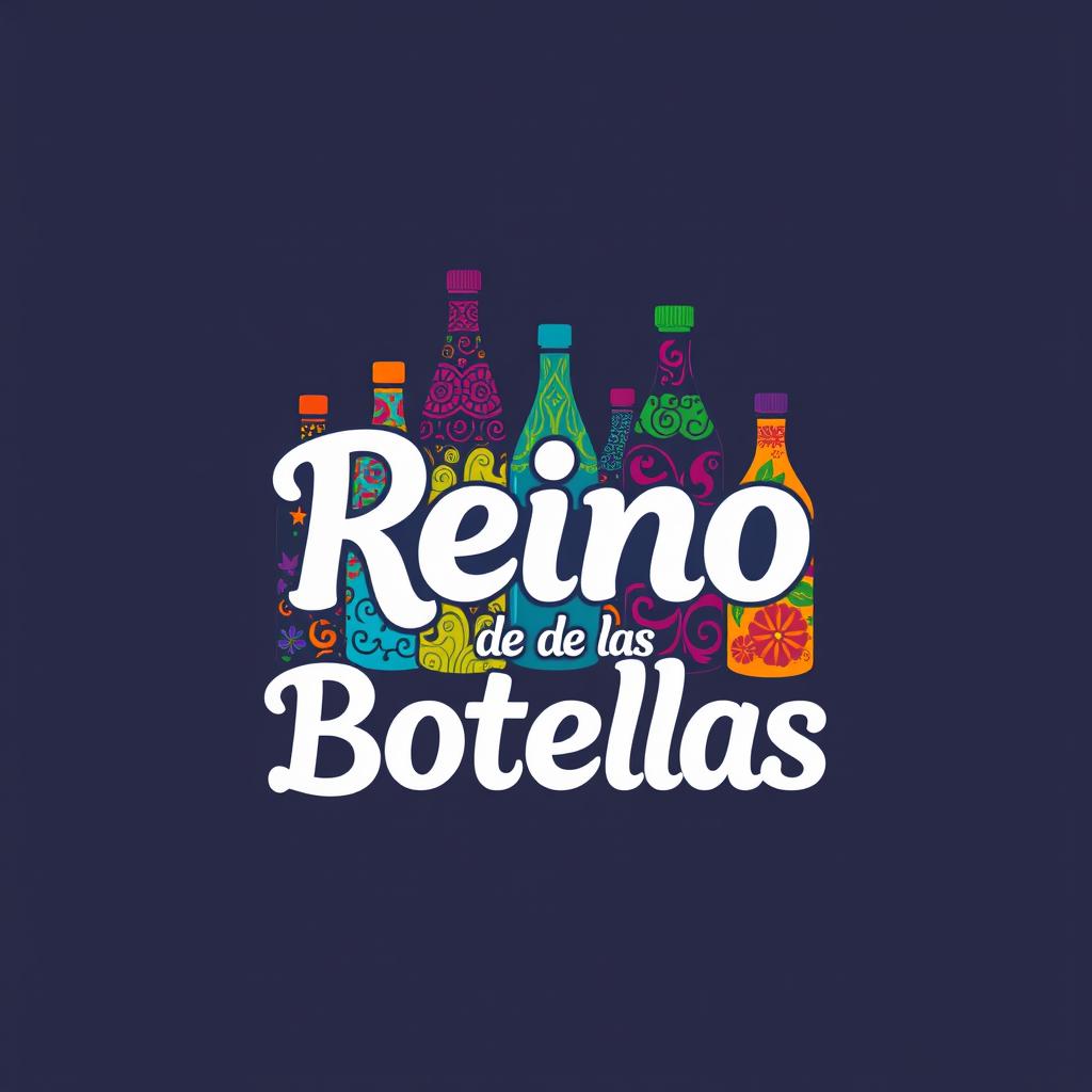 A vibrant and colorful logo design for a brand named 'Reino de las Botellas', featuring reusable bottles in various shapes and designs