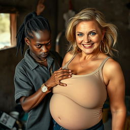 In a poverty-stricken room, a young African woman, very short, thin, and around 20 years old, with deep black skin and an angry expression, is dressed in a loose gangster-style men's polo shirt, featuring a gold chain and a gold watch