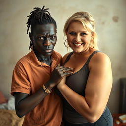 In a poor room, a young African woman, very short, undernourished, and 20 years old, with very dark skin and an angry expression, is wearing a loose gangster-style men's polo shirt, a gold chain, and a gold watch