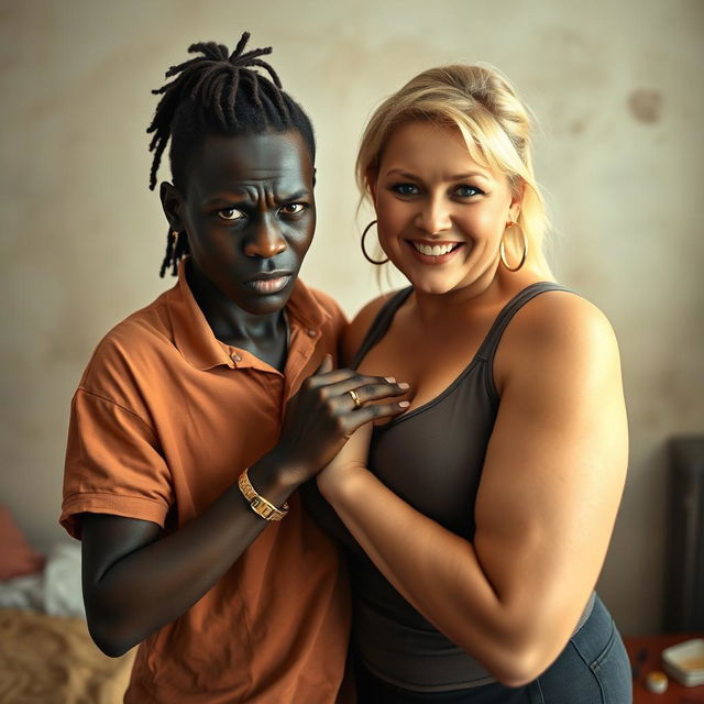 In a poor room, a young African woman, very short, undernourished, and 20 years old, with very dark skin and an angry expression, is wearing a loose gangster-style men's polo shirt, a gold chain, and a gold watch
