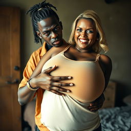 In a poor room, a young African woman, very short, undernourished, and 20 years old, with very dark skin and an angry expression, is wearing a loose gangster-style men's polo shirt, a gold chain, and a gold watch