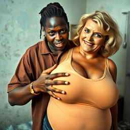 In a poor room, a young African woman, very short, undernourished, and 20 years old, with very dark skin and an angry expression, is wearing a loose gangster-style men's polo shirt, a gold chain, and a gold watch