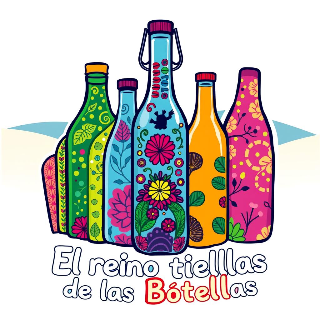 A vibrant and colorful logo for a brand called 'El Reino de las Botellas'