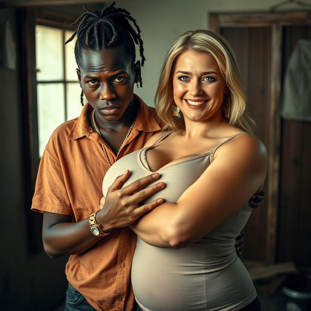 In a run-down room, a young African woman, very short, undernourished, and 20 years old, with deep black skin and an angry expression, is wearing a loose gangster-style men's polo shirt, a gold chain, and a gold watch