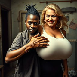 In a run-down room, a young African woman, very short, undernourished, and 20 years old, with deep black skin and an angry expression, is wearing a loose gangster-style men's polo shirt, a gold chain, and a gold watch