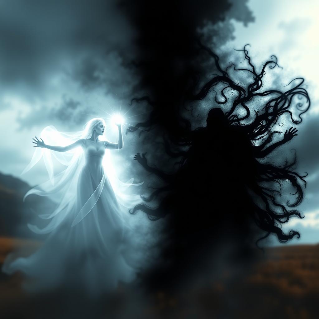 A dramatic visual representation of the internal conflict between light and darkness within the soul