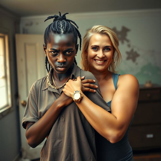 In a run-down room, a young African woman, very short, under-fed, and 20 years old, with very dark skin and an angry expression, is dressed in a loose gangster-style men's polo shirt, adorned with a gold chain and a gold watch