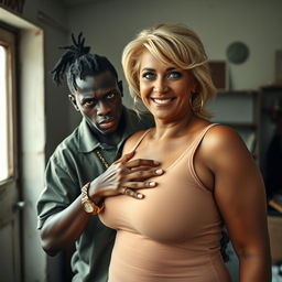 In a run-down room, a young African woman, very short, under-fed, and 20 years old, with very dark skin and an angry expression, is dressed in a loose gangster-style men's polo shirt, adorned with a gold chain and a gold watch