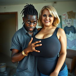 In a run-down room, a young African woman, very short, under-fed, and 20 years old, with very dark skin and an angry expression, is dressed in a loose gangster-style men's polo shirt, adorned with a gold chain and a gold watch