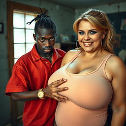 In a run-down room, a young African woman, very short, under-fed, and 20 years old, with very dark skin and an angry expression, is dressed in a loose gangster-style men's polo shirt, adorned with a gold chain and a gold watch