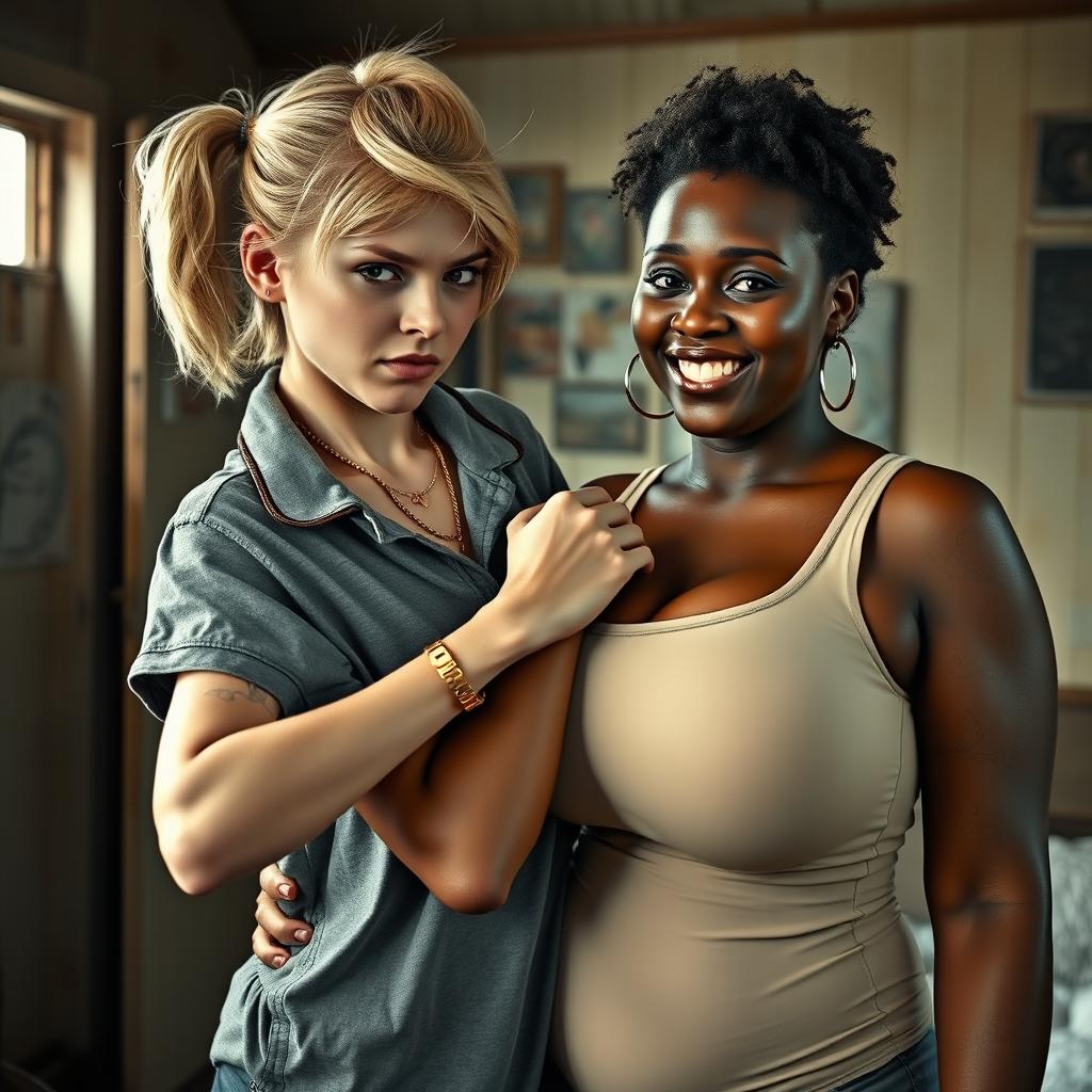 In a rundown room, a young blonde woman, very short, undernourished, and 20 years old, with an angry expression, is wearing a loose gangster-style men's polo shirt, a gold chain, and a gold watch