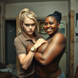 In a rundown room, a young blonde woman, very short, undernourished, and 20 years old, with an angry expression, is wearing a loose gangster-style men's polo shirt, a gold chain, and a gold watch