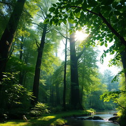 A serene forest scene featuring tall lush green trees with a variety of leaf shapes and sizes