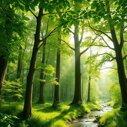 A serene forest scene featuring tall lush green trees with a variety of leaf shapes and sizes