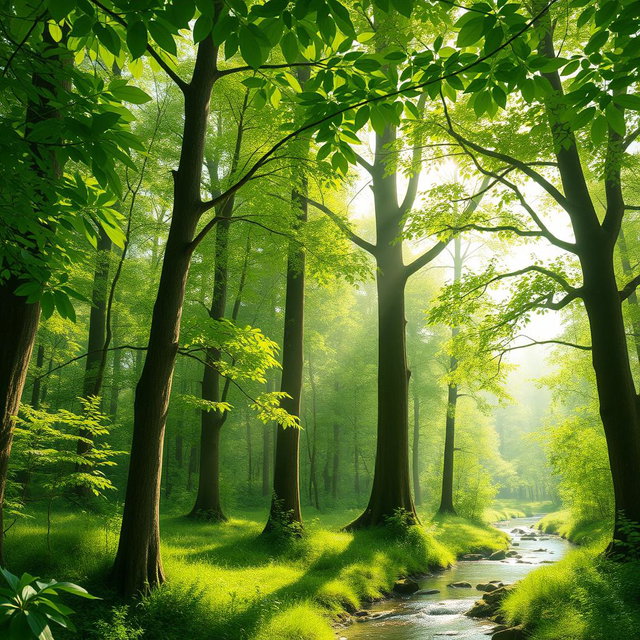 A serene forest scene featuring tall lush green trees with a variety of leaf shapes and sizes