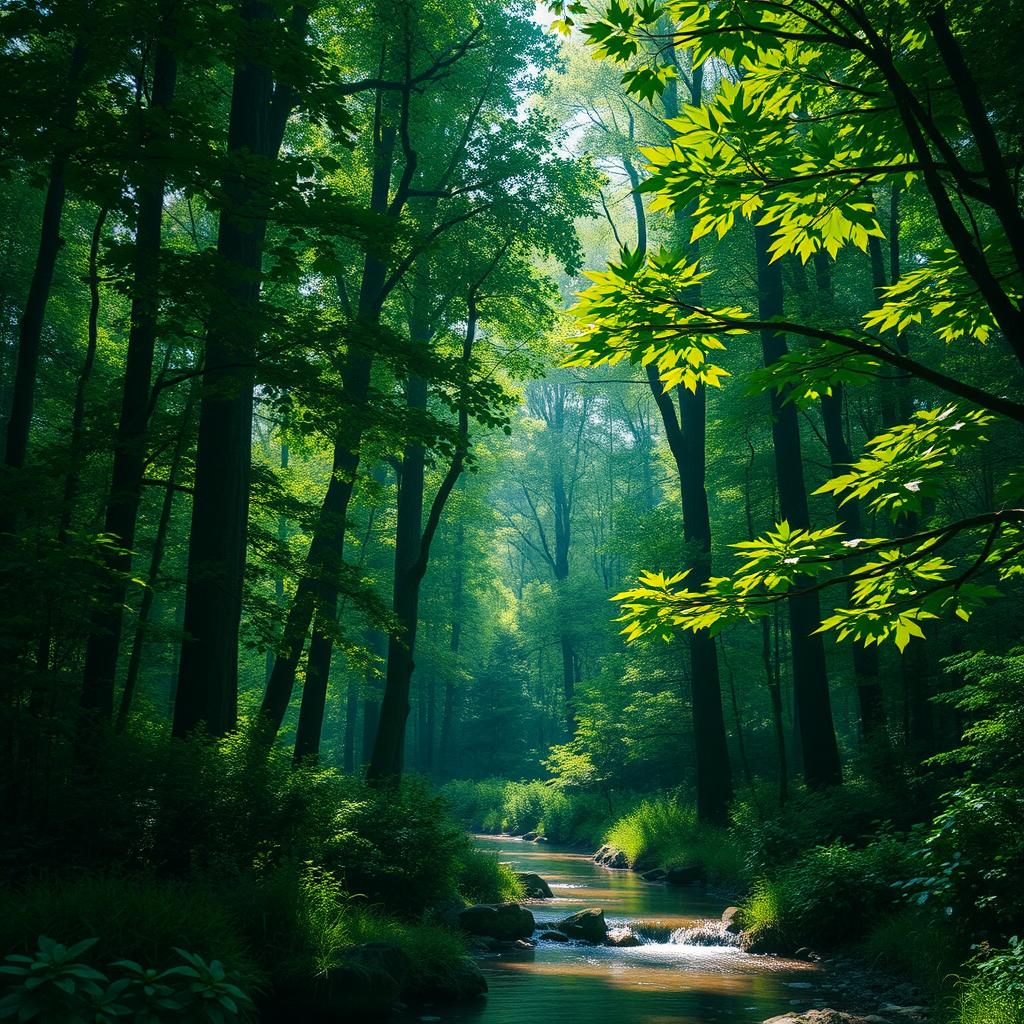 A serene forest scene featuring tall lush green trees with a variety of leaf shapes and sizes